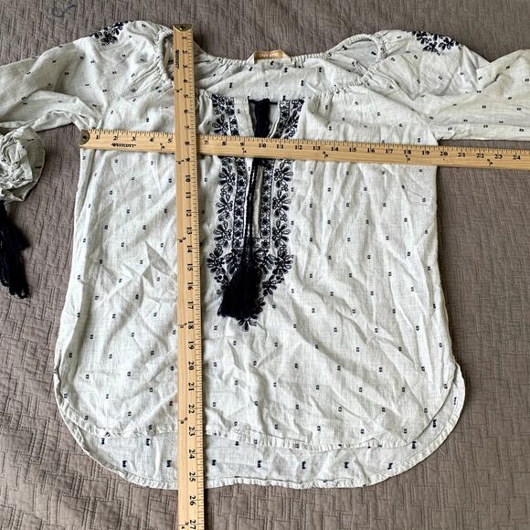 Zara Basic Boho Tunic Top Blouse Oatmeal Navy Blue Embroider Tassel Bib XS - Picture 5 of 8